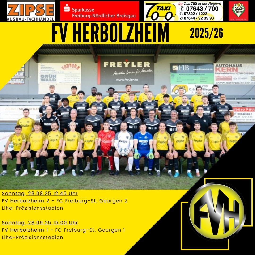 Sonntag, 28.09.25 12.45 Uhr FVH 2 - FC Freiburg-St.Georgen 2
Sonntag, 28.09.25 15.00 Uhr FVH 1 - FC Freiburg-St.Georgen 1